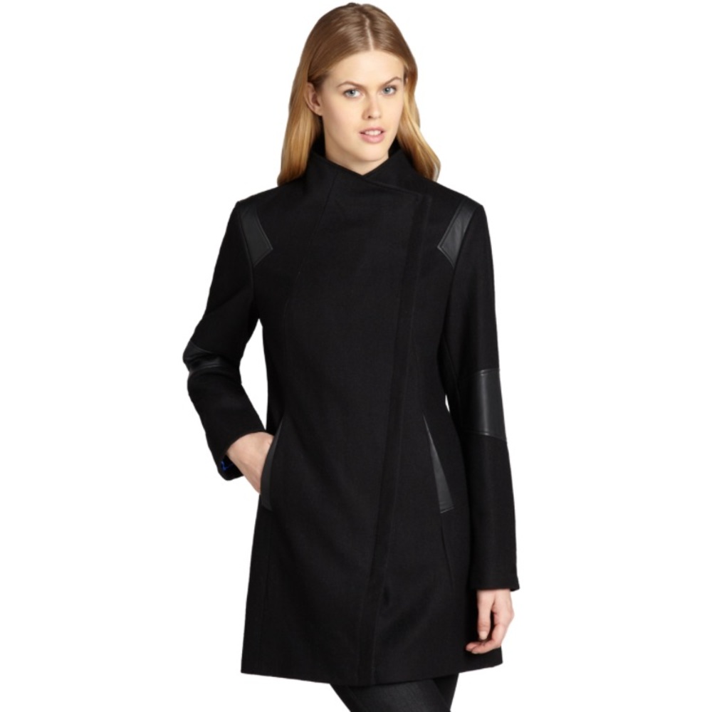 Calvin Klein Wool Coat with Faux Leather Trims